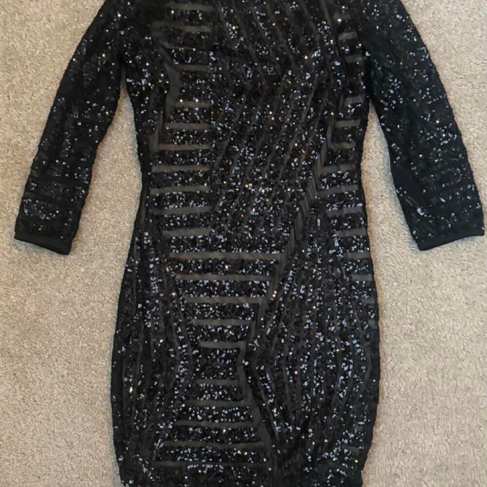 Sparkly black sequin bodycon dress Long sleeve mini Size S